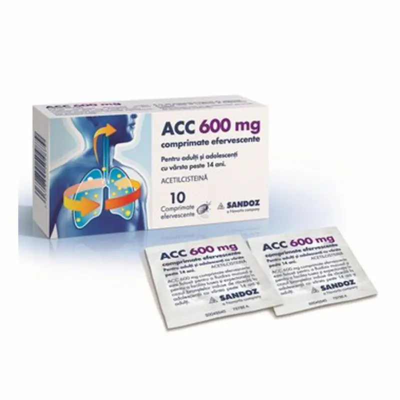 ACC 600 mg Sandoz 10 comprimate efervescente cu acetilcisteină pentru secreții bronșice vâscoase
