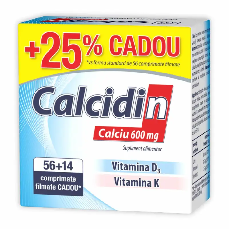 Calcidin Zdrovit Calciu 600 mg cu Vitamina D și K, pachet 56 + 14 comprimate pentru sănătatea oaselor și dinților
