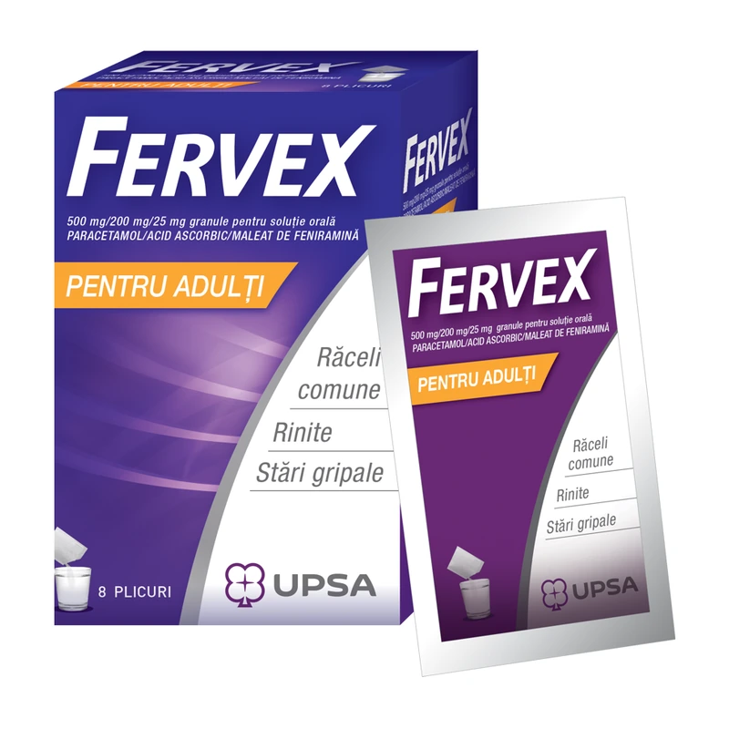 Fervex răceală și gripă pentru adulți, 500 mg/200 mg/25 mg, 8 plicuri