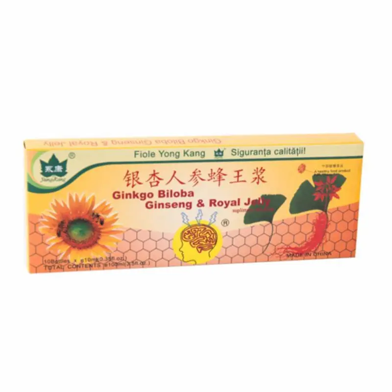 Ginkgo Biloba + Ginseng + Royal Jelly Yong Kang 10 fiole orale x 10 ml cu extracte vegetale și lăptișor de matcă