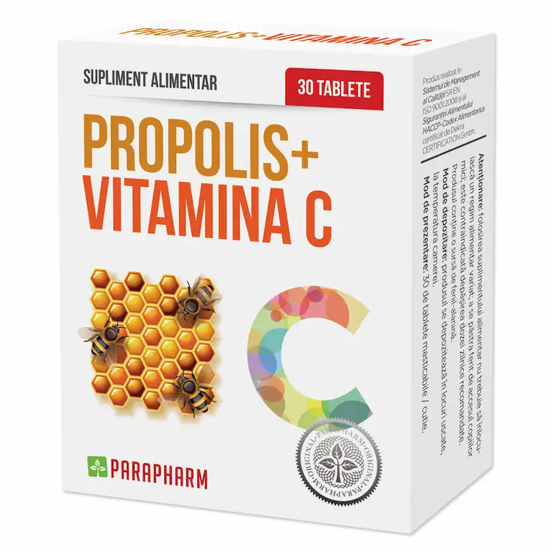 Propolis + Vitamina C Parapharm 30 tablete masticabile cu extract de propolis pentru imunitate și confortul gâtului