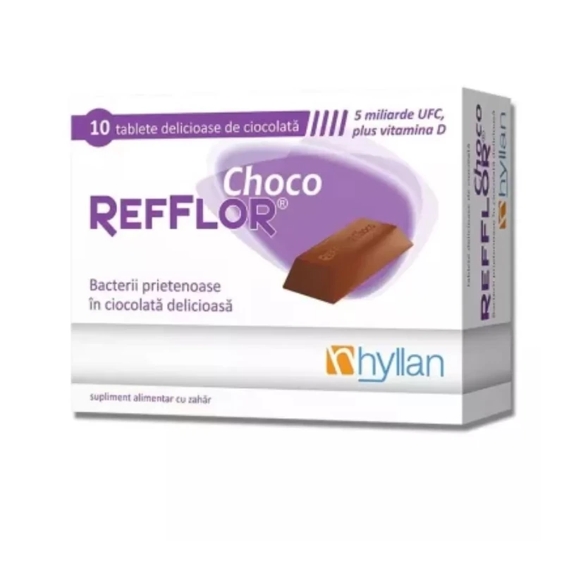 Refflor Choco, probiotic cu vitamina D3, 10 tablete de ciocolată