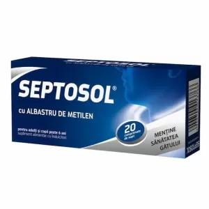 Septosol cu Albastru de Metilen Biofarm 20 comprimate de supt cu Echinacea, zinc și uleiuri esențiale pentru gât