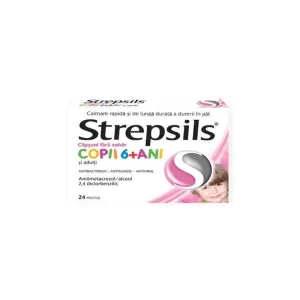 Strepsils Căpșuni fără zahăr, 24 pastile pentru dureri în gât