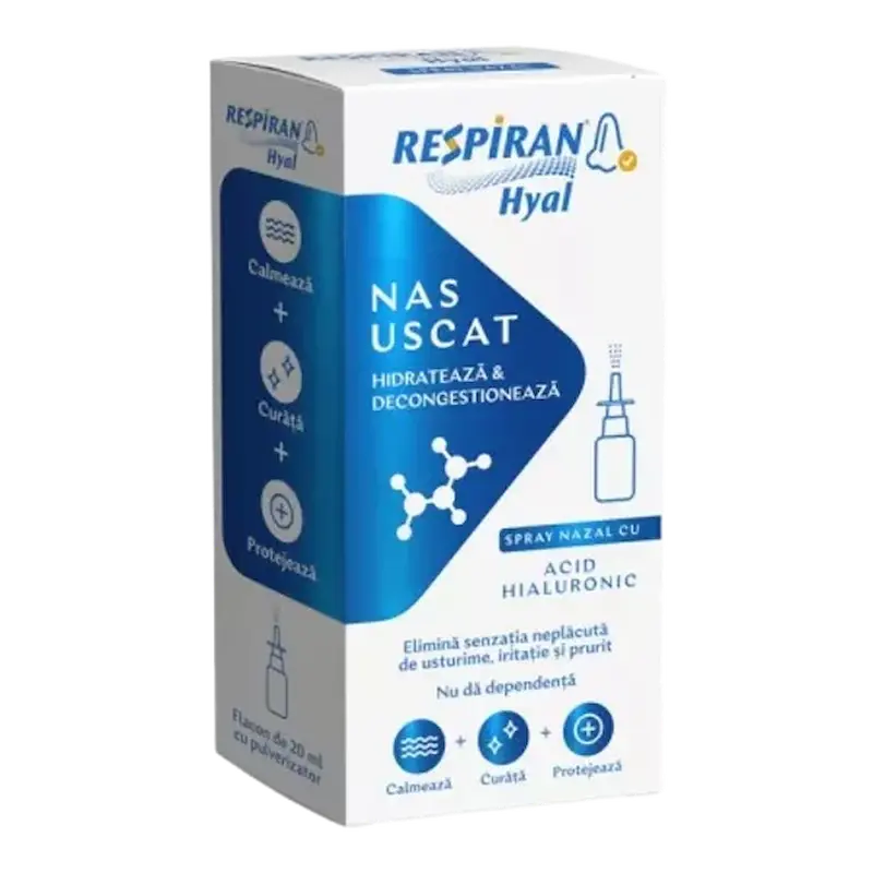 RESPIRAN Hyal Fiterman spray nazal 20 ml cu acid hialuronic, dexpantenol și Aloe vera pentru hidratarea mucoasei nazale