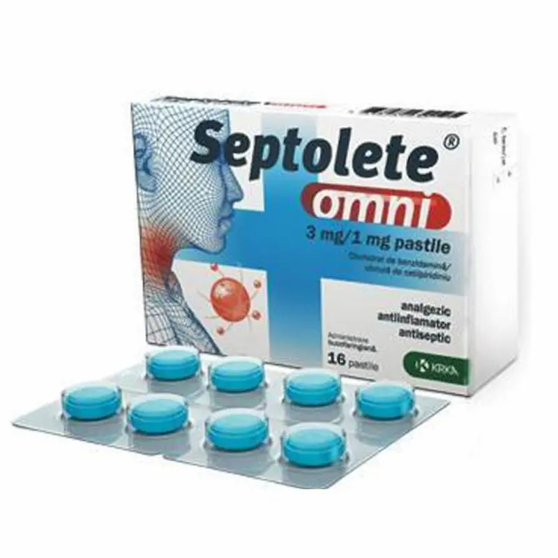 Septolete Omni Krka 16 pastile pentru inflamații faringiene, bucale și gingivale