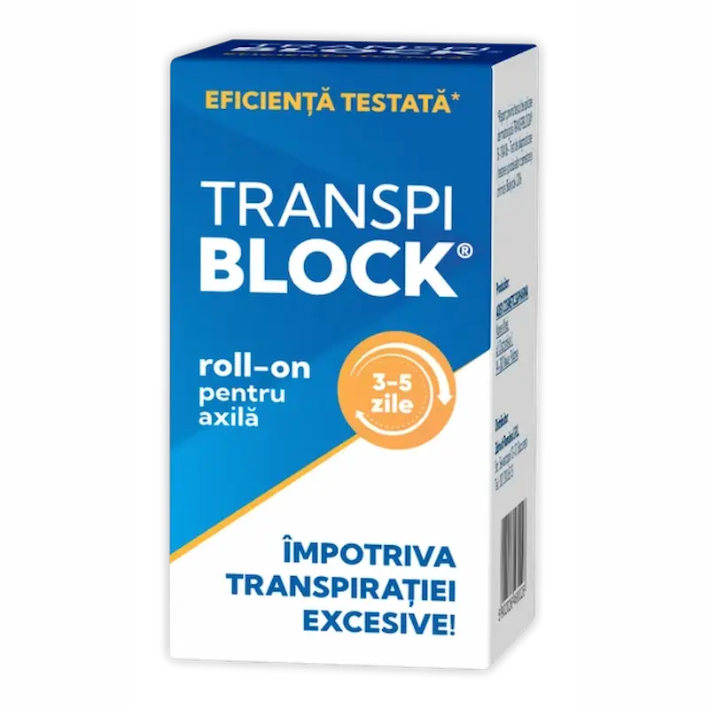 Transpiblock Roll-On 50 ml antiperspirant cu clorhidrat de aluminiu pentru reducerea transpirației excesive la axile