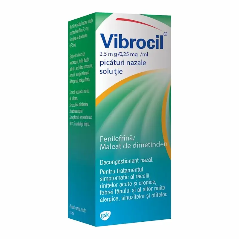 Vibrocil GSK picături nazale soluție 15 ml cu fenilefrină și dimetinden pentru congestie nazală