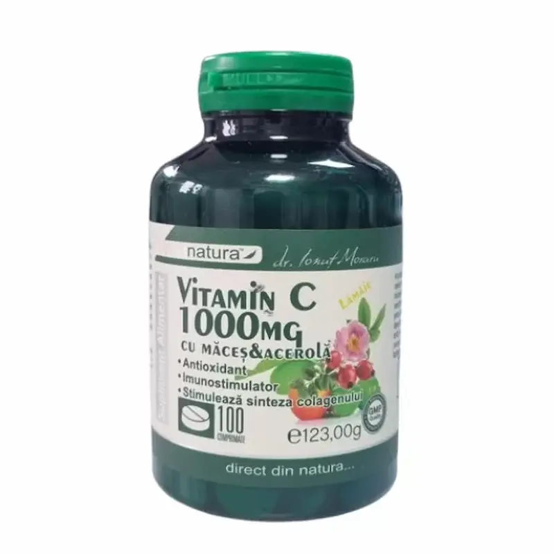 Vitamina C 1000 mg cu Măceș și Acerola 100 comprimate cu aromă de lămâie
