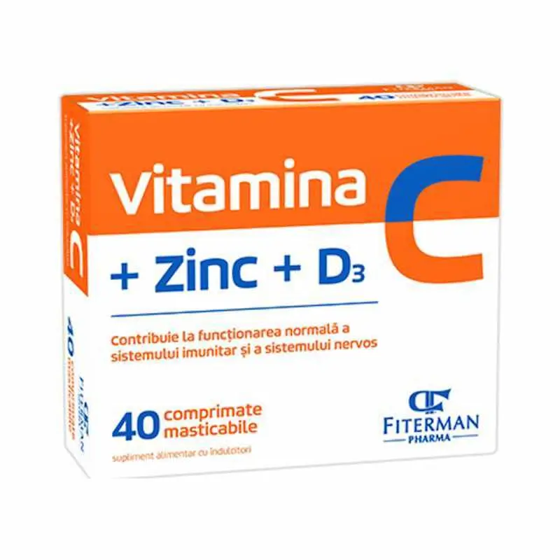 Vitamina C + Zinc + Vitamina D3 Fiterman 40 comprimate masticabile fără zahăr pentru susținerea imunității