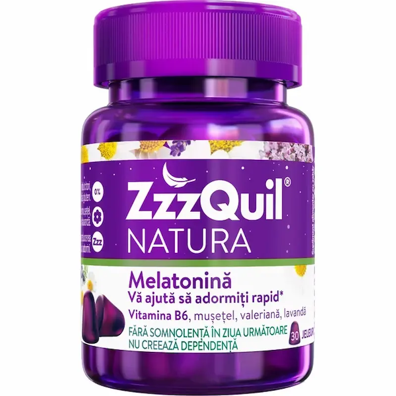 ZzzQuil Natura 30 jeleuri cu melatonină 1 mg, vitamina B6 și extracte vegetale pentru reducerea timpului de adormire
